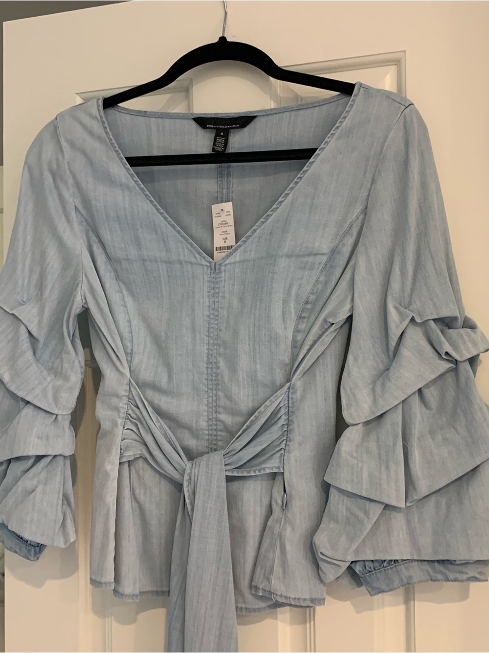 WHBM, NWOT Light Blue Denim Tiered-Sleeve Tie-Front/back Women's Top